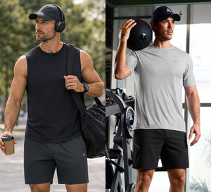 On the left, a model wearing Breathable Running Shorts with 4 Zipper Pockets is walking down the street with a backpack. On the right, a model wearing 4 Way Stretch Breathable Workout Athletic Shorts is exercising at the gym.