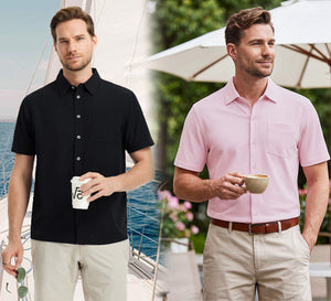 Model wearing Traditional Breathable Solid Shirt while holding a cup of coffee on the left, and model wearing Cotton Blend Pique Plain Shirt while holding a cup of coffee on the right.