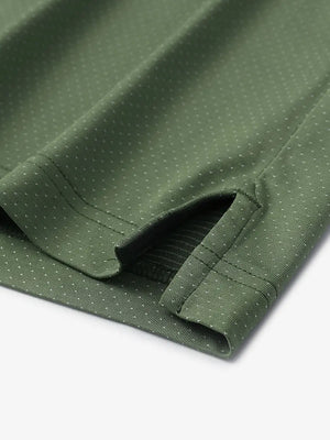 Detail of side slit hem on DARK GREEN 4 Way Stretch Jacquard Polo — clean stitching and stretch finish