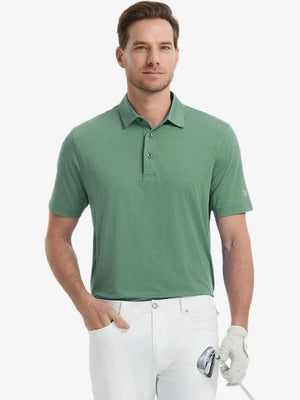 Model in BERYL GREEN Jacquard Polo posing with golf club — active and athletic on the front view