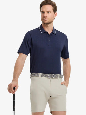 Model wearing Modern Texture Stylish Polo in NAVY, front half-body view holding golf club.