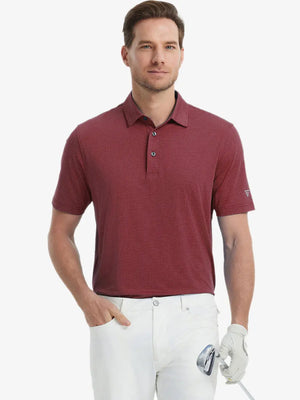 Model in WINE Jacquard Polo posing with golf club — active and athletic on the front view