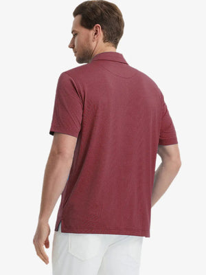 Back view from waist up showing the fit of WINE 4 Way Stretch Jacquard Polo on model
