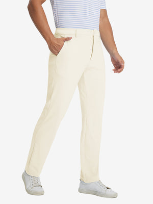 Soft lightweight casual golf pants with 5 pockets in khaki light, front lower-body view with relaxed fit.