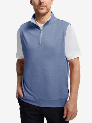 Upper body front view of model wearing navy melange lightweight sleeveless quarter zip golf vest