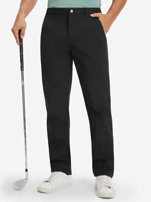 Front lower body shot of model wearing thermal water repellent fleece dress pants in black