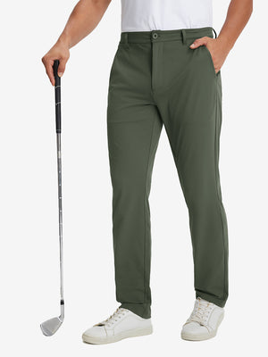 Soft lightweight casual golf pants with 5 pockets in olive green, front lower-body view with relaxed fit.