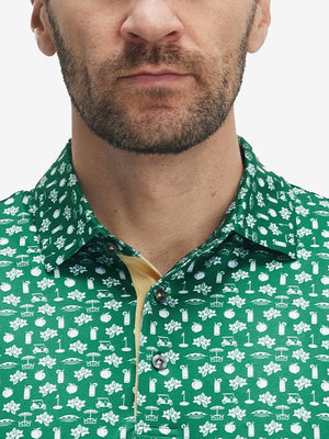 Front view from nose to chest of model wearing the golf vacation 4 way stretch print collared polo shirt, showcasing the upper fit