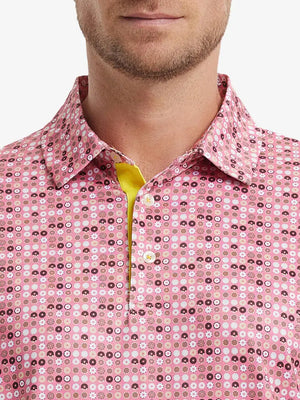 MAELREG Men's Performance Jersey Print Polo – Front chest view in Pink Donut