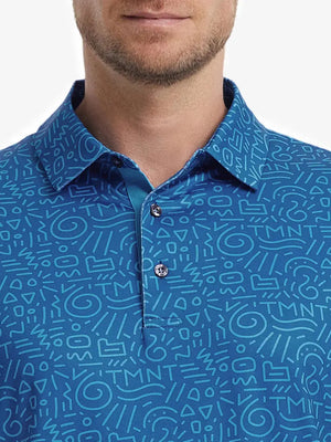 MAELREG Men's Performance Jersey Print Polo – Front chest view in Blue Graffiti