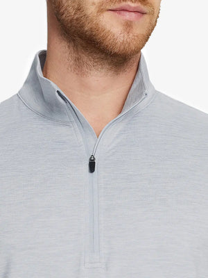 Front close-up from nose to chest, FADED DENIM HEATHER Quarter Zip Melange Pullover with soft textured fabric.