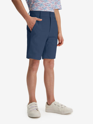 Front lower body in dark blue boys lightweight dry fit flat front golf shorts