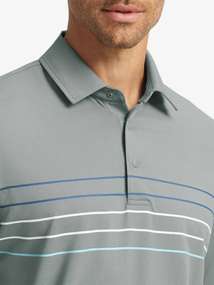 Front half-body view from nose to chest of model wearing LIGHT GREY Stylish Chest Print Snap Polo