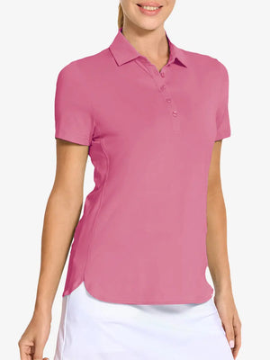 Front view from nose to hem of model wearing PINK LEMONADE Women's Performance Solid Polo with skirt