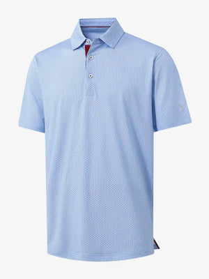 3D view of MAELREG Performance Jersey Print Polo in Blue Red Diamond – breathable golf fabric