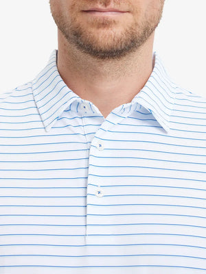 Front view from nose to chest in WHITE/LIGHT BLUE STRIPE Popular Yarn Dyed Stripe Polo