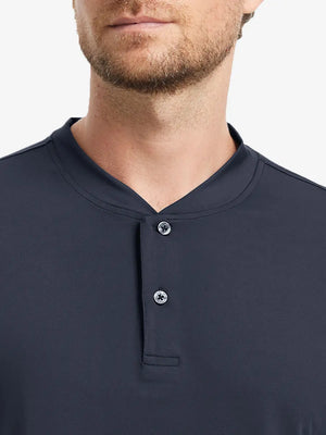 Front view from nose to chest wearing Everyday Collarless Jersey Shirt in DARK GREY.
