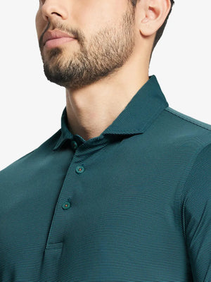 TURQUOISE STRIPE Pinstripe Jersey Performance Polo front view from nose to chest								
