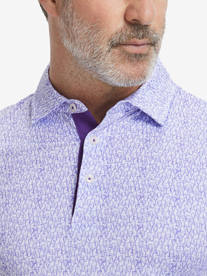 Close-up from nose to chest, showing collar and fabric pattern detail of the purple wine glass polo shirt.