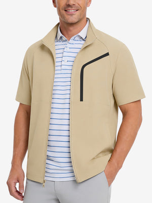 Model front upper body portrait display, lightweight upf50+ short sleeve golf vests jacket in khaki