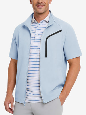 Model front upper body portrait display, lightweight upf50+ short sleeve golf vests jacket in light blue