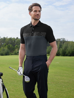 Model in blackdark grey premium performance polo holding a golf club outdoors, half-body shot