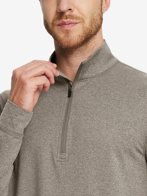 Model wearing quarter zip melange pullover, brown melange, front upper-body with relaxed fit.