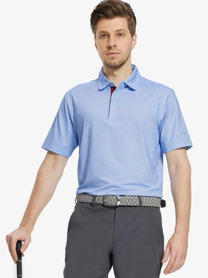 MAELREG Men's Performance Jersey Print Polo in Blue Red Diamond – front half-body with golf pose