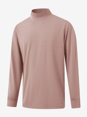 3D front display of Men’s Long Sleeve Mock Turtleneck Shirt in Pink Heather, clean and modern fit.