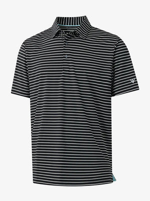 3D product view of BLACK/WHITE STRIPE Youth Performance Golf Polo showing design and fit.