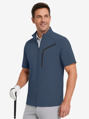 Upper body wearing view on model, lightweight upf50+ short sleeve golf vests jacket in misty blue