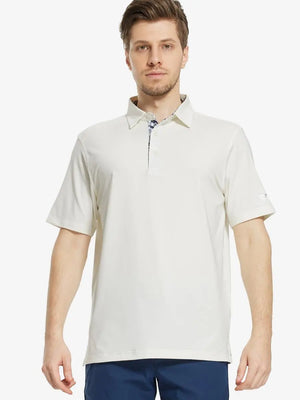 Front half-body view of male model in the Cream Everyday Classic Solid Polo, standing still