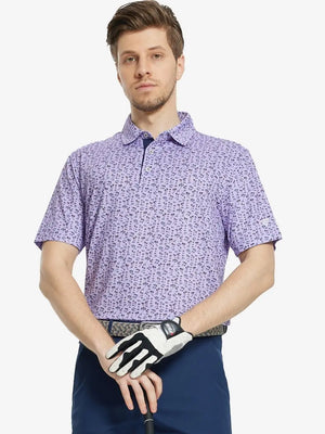 MAELREG Men's Performance Jersey Print Polo in Lavender Seaside Palm – front half-body with golf pose