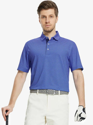 MAELREG Men's Performance Jersey Print Polo in Blue Wavy Line – front half-body with golf pose