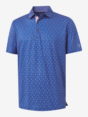 3D render of the blue golf swing 4 way stretch print collared polo shirt, displaying the garment structure and design clearly