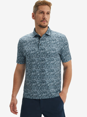 Male model front upper body wearing Performance quick dry print golf polos, sleek camo fragments look