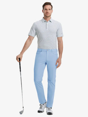 Full-body front shot with golf club, styled in Stretch Plain Everyday Pants – LIGHT BLUE