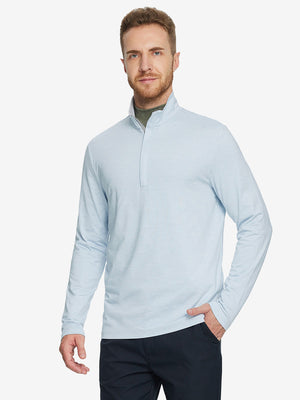 Men wearing Heather Pinstripe Brushed Dry Fit Quarter Zip Pullover in grey mist heather, front half body fit view