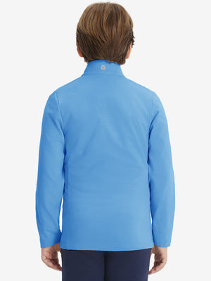 Model in kids soft lightweight fleece lined jacket in sky blue, showing back half-body view.
