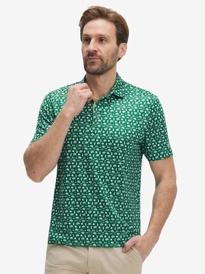 Front half-body shot of model wearing the golf vacation 4 way stretch print collared polo shirt for a casual sporty look