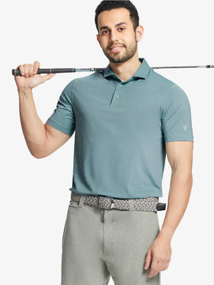 Model in GREEN ASH STRIPE Pinstripe Jersey Performance Polo holding golf club, front half-body view								
