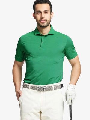 Model in GREEN STRIPE Pinstripe Jersey Performance Polo holding golf club, front half-body view								
