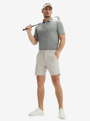Full-body front view of model wearing the light khaki stretch soft flat front dress golf shorts for a complete look