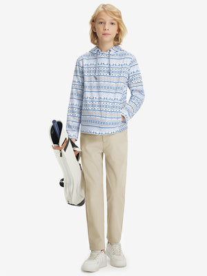 Boys Stretch Fleece Lined Casual Golf Pants in light khaki, model front view carrying tennis bag