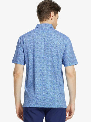 Back view of MAELREG Men's Performance Jersey Print Polo in Blue Small Leaf – athletic fit