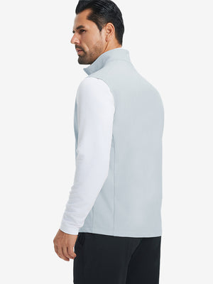 Back view of water-resistant fleece golf vests showing smooth fleece texture in misty grey
