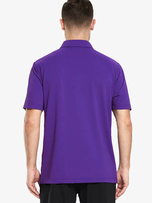 Back view half-body of model in PURPLE Ventilated Pique Performance Polo