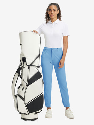 Woman wearing Women's Ultra-stretch Quick Dry Sweatpants with Ankle Zips in misty blue, full body front view