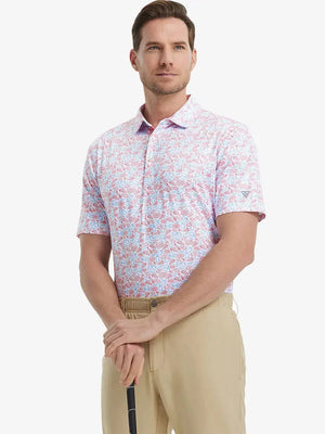 MAELREG Men's Performance Jersey Print Polo in White Pizza – front half-body with golf pose
