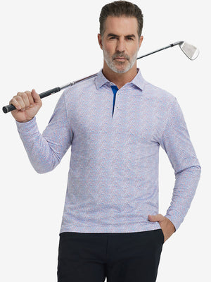 Model holding golf club, wearing lightweight print long sleeve polo in colourful hexagon, casual sporty fit.